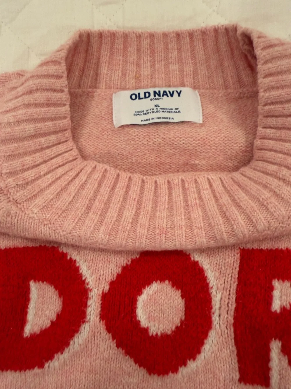 Old Navy Pink Crewneck Sweater with Red ADORE Text - Picture 2 of 2